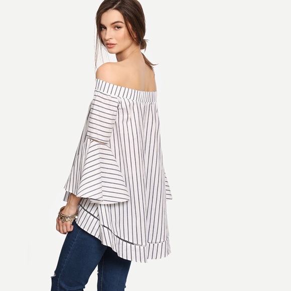 Off Shoulder Bell Sleeve Striped High Low Blouse - Picture 3 of 6